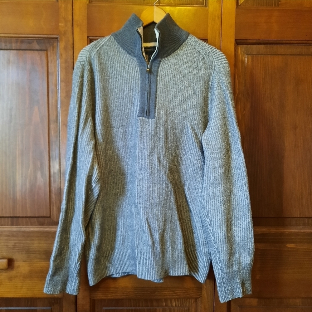 Banana Republic Merino Wool Blend Gray Ribbed Knit Mockneck Zip-Up Sweater